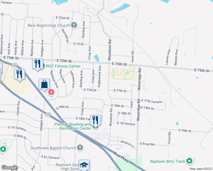 map of restaurants, bars, coffee shops, grocery stores, and more near 7606 Woodson Road in Raytown