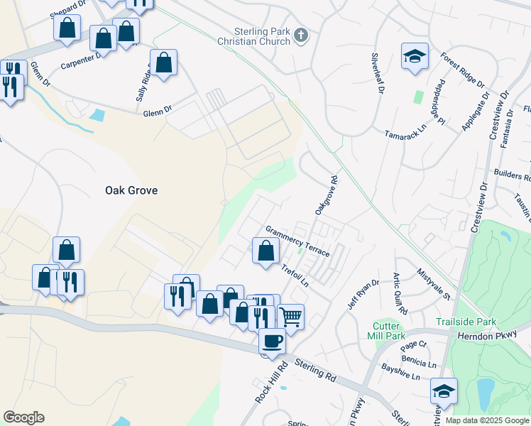 map of restaurants, bars, coffee shops, grocery stores, and more near 22861 Chestnut Oak Terrace in Sterling