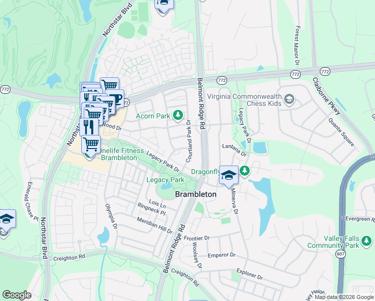 map of restaurants, bars, coffee shops, grocery stores, and more near 22879 Courtland Park Drive in Ashburn