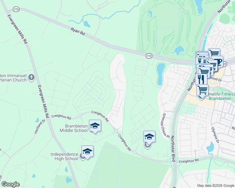 map of restaurants, bars, coffee shops, grocery stores, and more near 22892 Bubbling Brook Drive in Leesburg