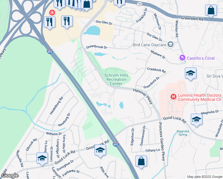 map of restaurants, bars, coffee shops, grocery stores, and more near 6702 Lake Park Drive in Greenbelt