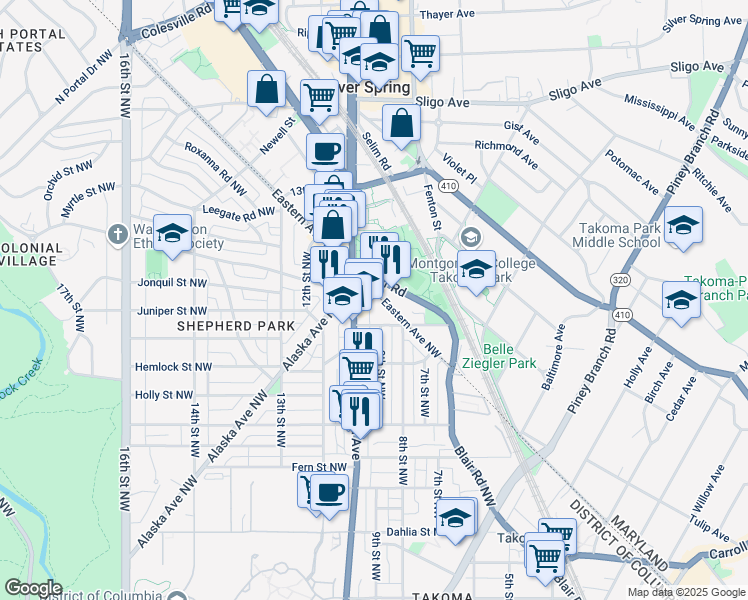 map of restaurants, bars, coffee shops, grocery stores, and more near 7730 Eastern Avenue Northwest in Washington