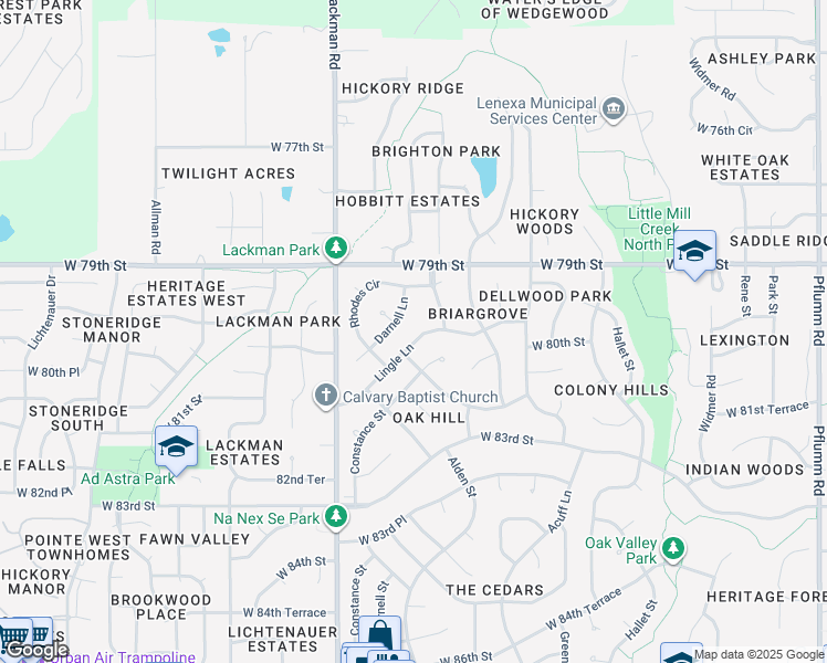 map of restaurants, bars, coffee shops, grocery stores, and more near 8010 Lingle Lane in Lenexa