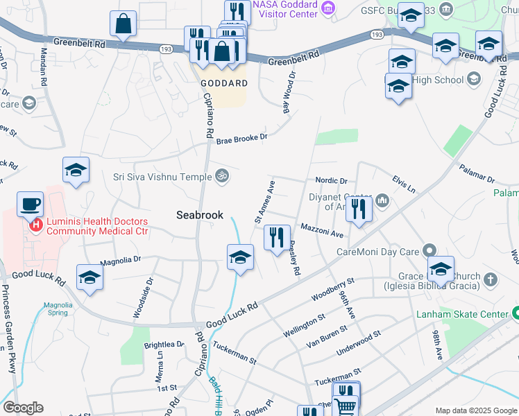 map of restaurants, bars, coffee shops, grocery stores, and more near 7010 Saint Annes Avenue in Lanham