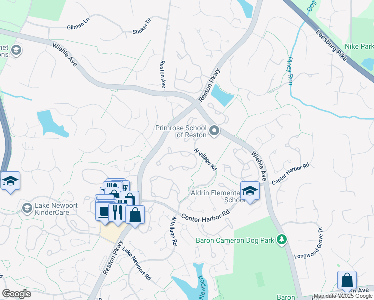 map of restaurants, bars, coffee shops, grocery stores, and more near 1390 Park Garden Lane in Reston