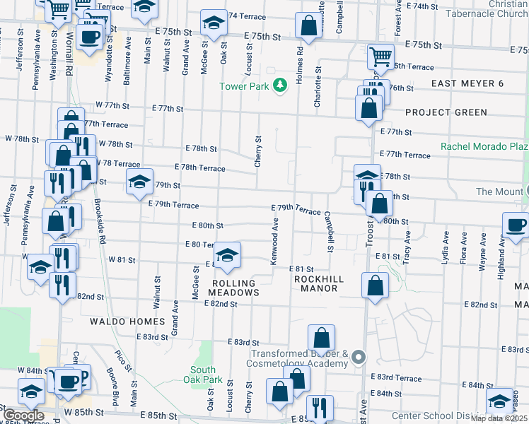 map of restaurants, bars, coffee shops, grocery stores, and more near 451 East 79th Terrace in Kansas City