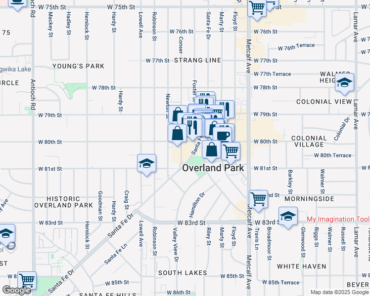 map of restaurants, bars, coffee shops, grocery stores, and more near 8016 Foster Street in Overland Park