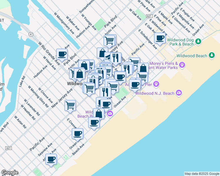 map of restaurants, bars, coffee shops, grocery stores, and more near 233 E Burk Ave in Wildwood