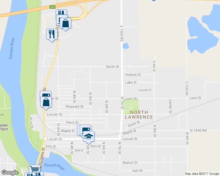 map of restaurants, bars, coffee shops, grocery stores, and more near 722 North 6th Street in Lawrence