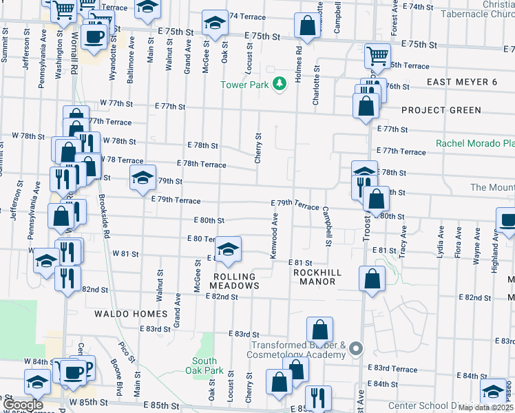 map of restaurants, bars, coffee shops, grocery stores, and more near 451 East 79th Terrace in Kansas City