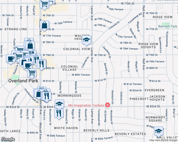 map of restaurants, bars, coffee shops, grocery stores, and more near 6309 West 80th Street in Overland Park