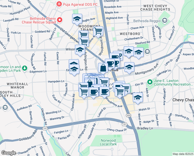 map of restaurants, bars, coffee shops, grocery stores, and more near 4821 Montgomery Lane in Bethesda