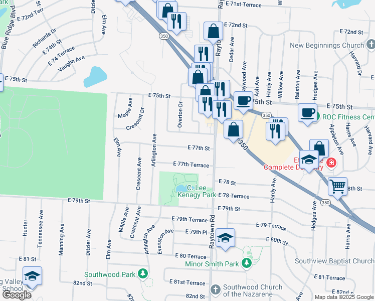 map of restaurants, bars, coffee shops, grocery stores, and more near 9801 East 77th Street in Raytown