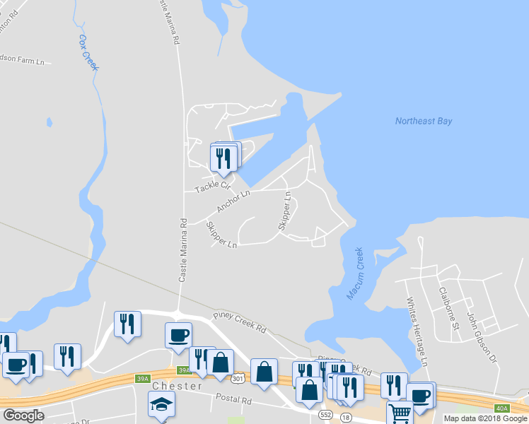 map of restaurants, bars, coffee shops, grocery stores, and more near 510 Skipper Court in Chester