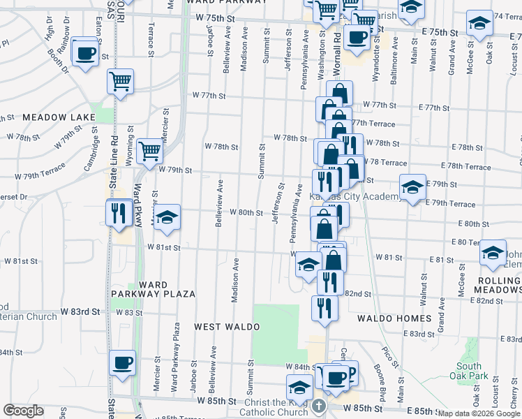 map of restaurants, bars, coffee shops, grocery stores, and more near 7943 Summit Street in Kansas City
