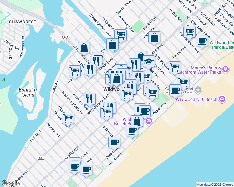 map of restaurants, bars, coffee shops, grocery stores, and more near in Wildwood