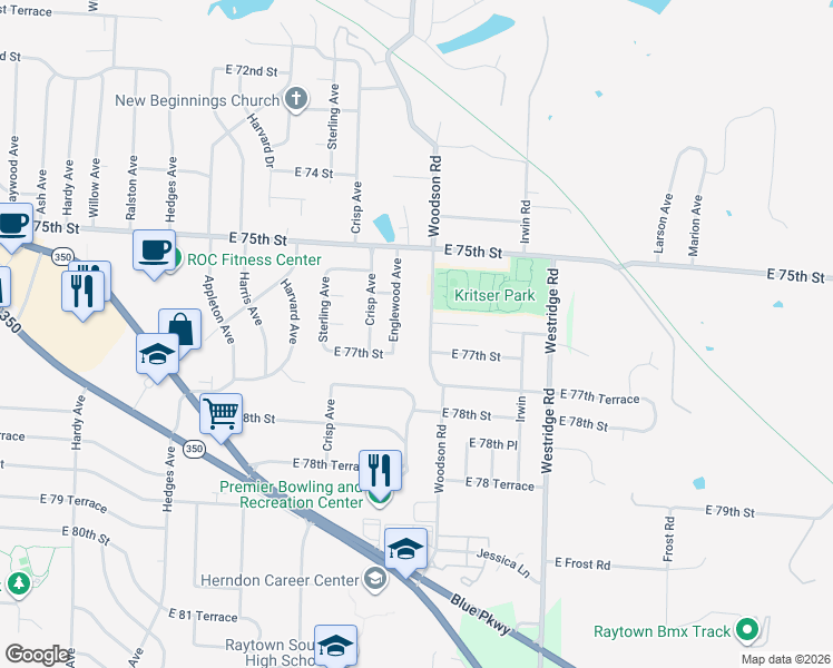 map of restaurants, bars, coffee shops, grocery stores, and more near 7606 Woodson Road in Raytown