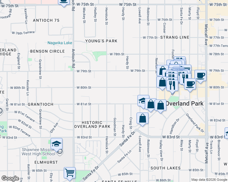 map of restaurants, bars, coffee shops, grocery stores, and more near 8121 West 80th Street in Overland Park