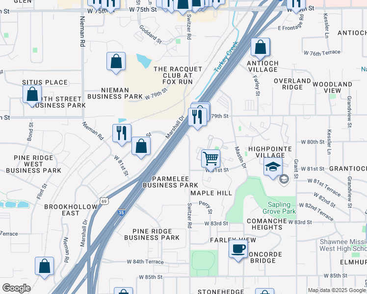 map of restaurants, bars, coffee shops, grocery stores, and more near 8015 Lenexa Drive in Overland Park