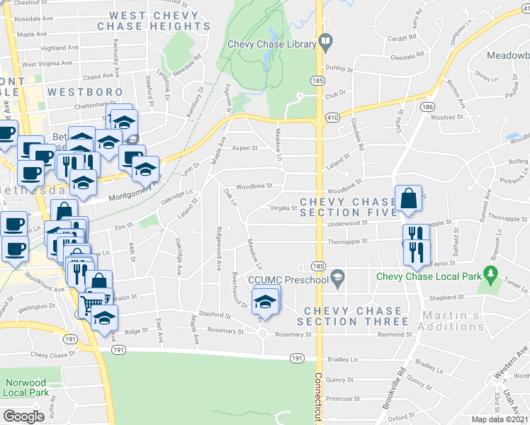 map of restaurants, bars, coffee shops, grocery stores, and more near 4010 Virgilia Street in Chevy Chase
