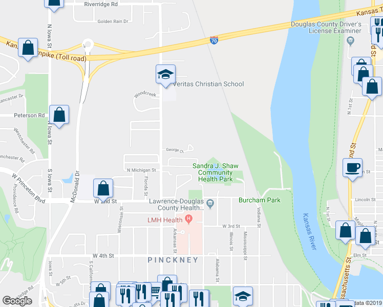 map of restaurants, bars, coffee shops, grocery stores, and more near 1107 George Court in Lawrence