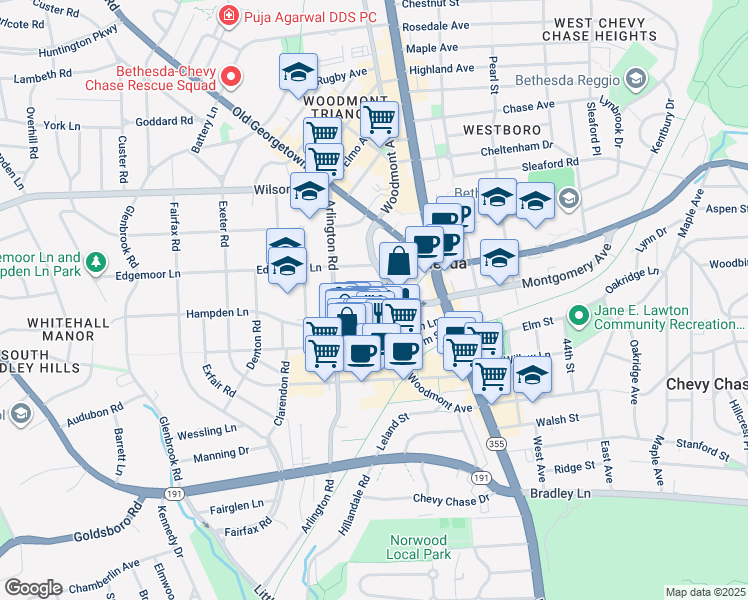 map of restaurants, bars, coffee shops, grocery stores, and more near 4821 Montgomery Lane in Bethesda