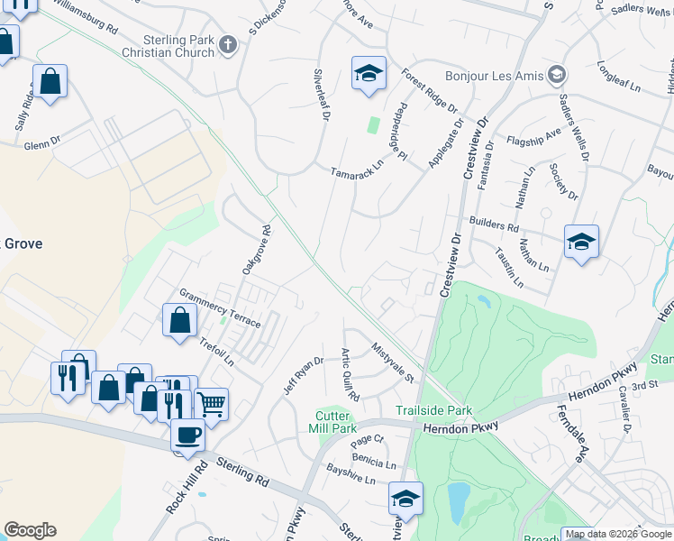 map of restaurants, bars, coffee shops, grocery stores, and more near 129 Briarwood Court in Sterling