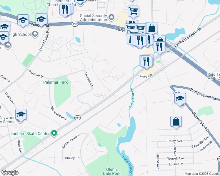 map of restaurants, bars, coffee shops, grocery stores, and more near 6815 Forbes Blvd in Lanham-Seabrook