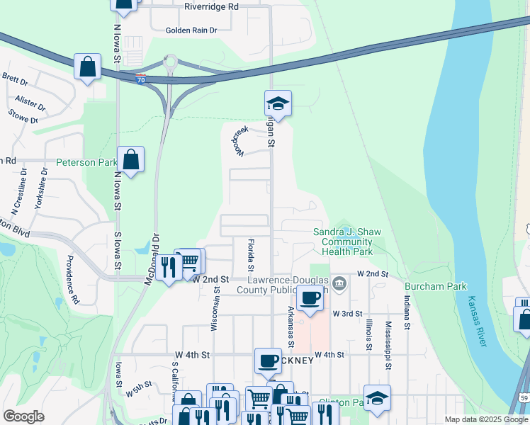 map of restaurants, bars, coffee shops, grocery stores, and more near 83 North Michigan Street in Lawrence