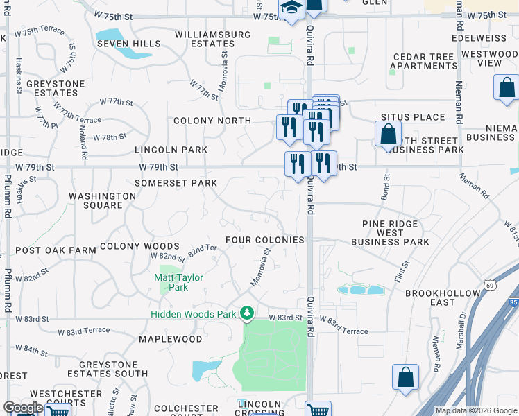map of restaurants, bars, coffee shops, grocery stores, and more near 8058 Colony Lane in Lenexa