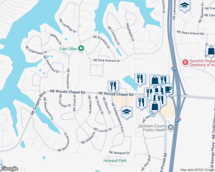 map of restaurants, bars, coffee shops, grocery stores, and more near 3912 Northeast Independence Avenue in Lee's Summit