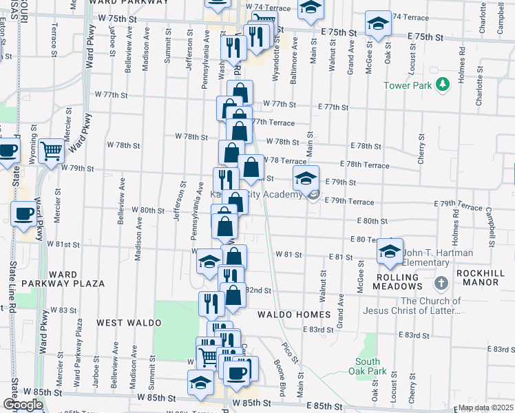 map of restaurants, bars, coffee shops, grocery stores, and more near 310 West 80th Street in Kansas City