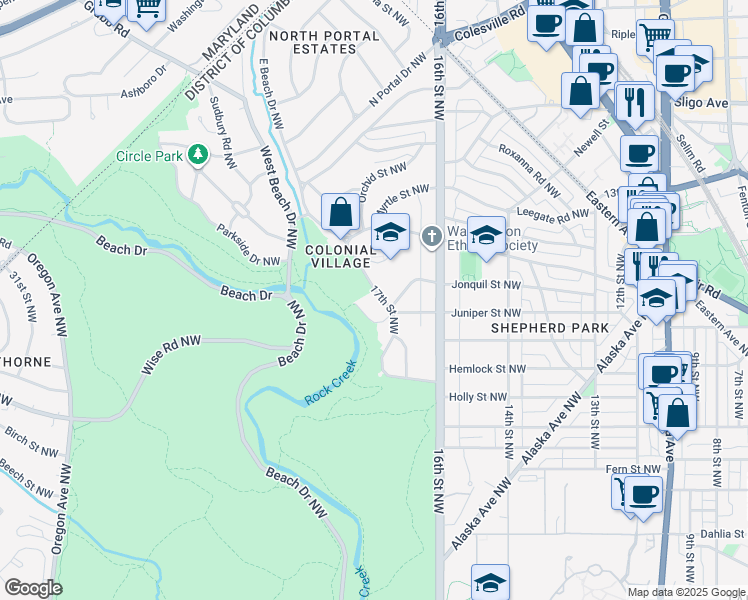 map of restaurants, bars, coffee shops, grocery stores, and more near in Washington