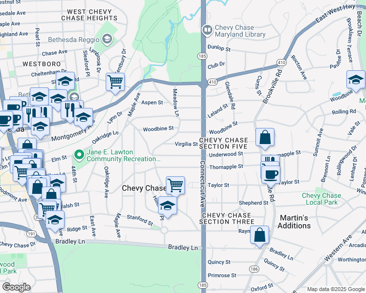 map of restaurants, bars, coffee shops, grocery stores, and more near 3914 Virgilia Street in Chevy Chase