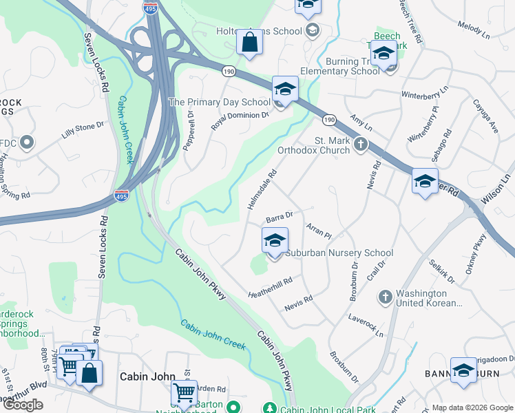map of restaurants, bars, coffee shops, grocery stores, and more near 7301 Helmsdale Road in Bethesda