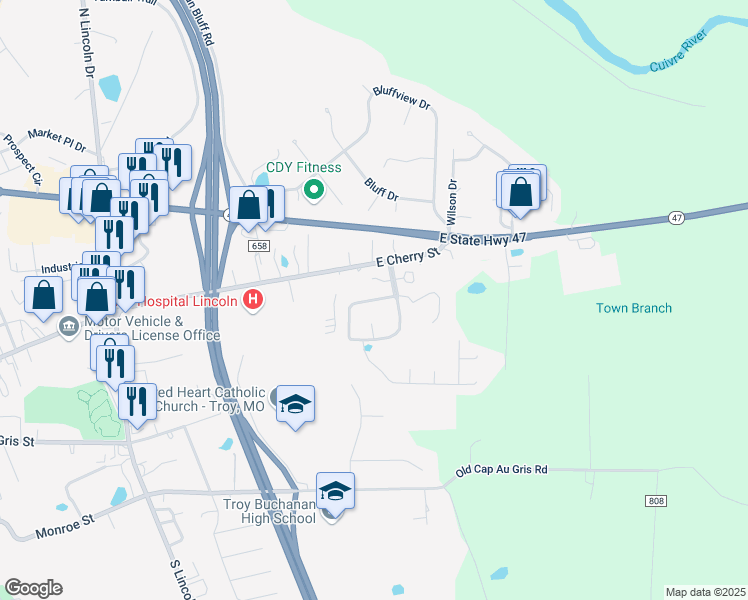 map of restaurants, bars, coffee shops, grocery stores, and more near Carrington Boulevard in Troy