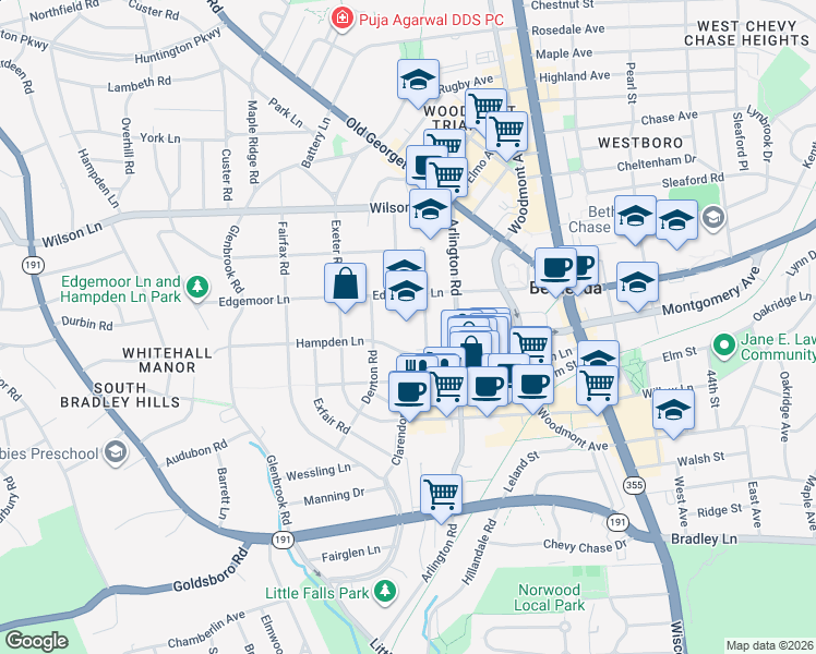 map of restaurants, bars, coffee shops, grocery stores, and more near 5100 Edgemoor Lane in Bethesda