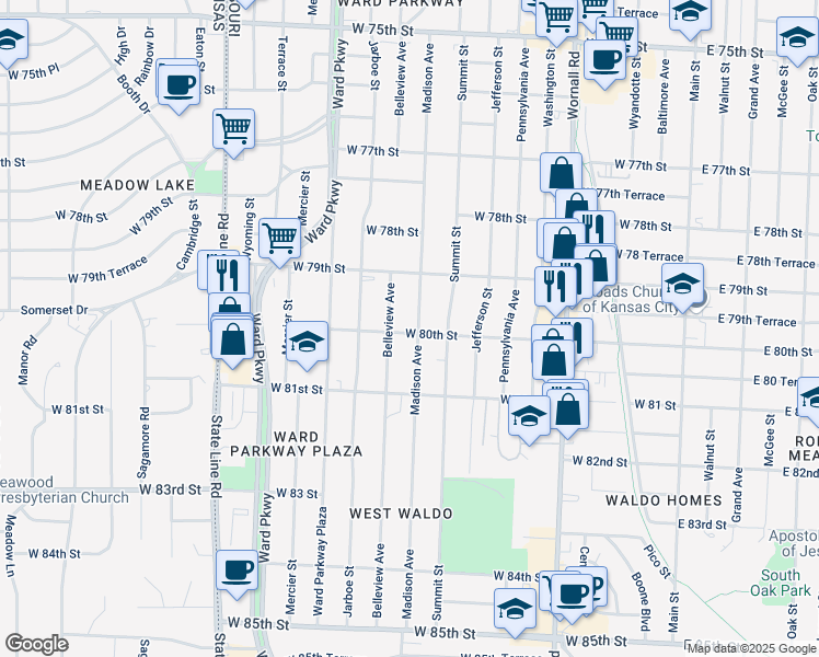 map of restaurants, bars, coffee shops, grocery stores, and more near 7946 Madison Avenue in Kansas City