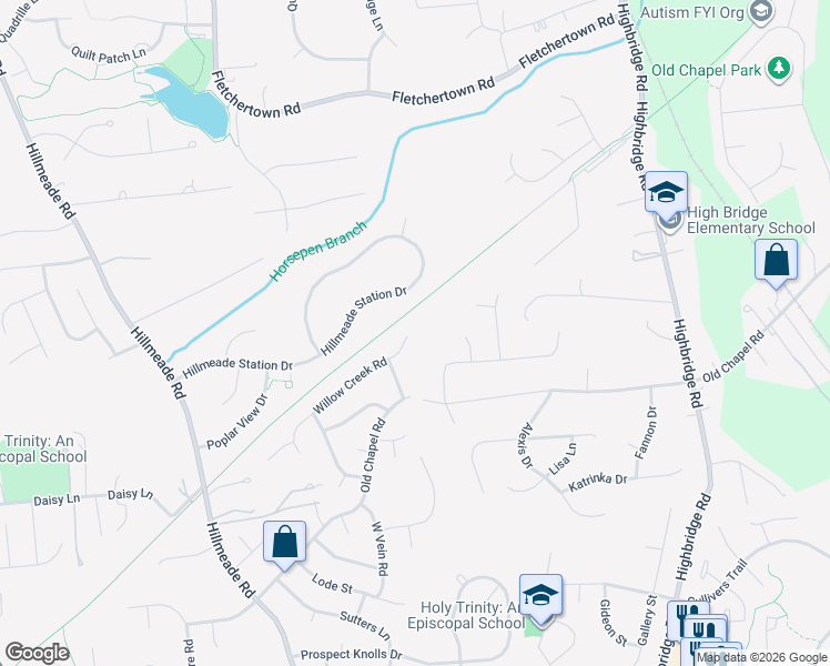 map of restaurants, bars, coffee shops, grocery stores, and more near 6809 Willow Creek Road in Bowie