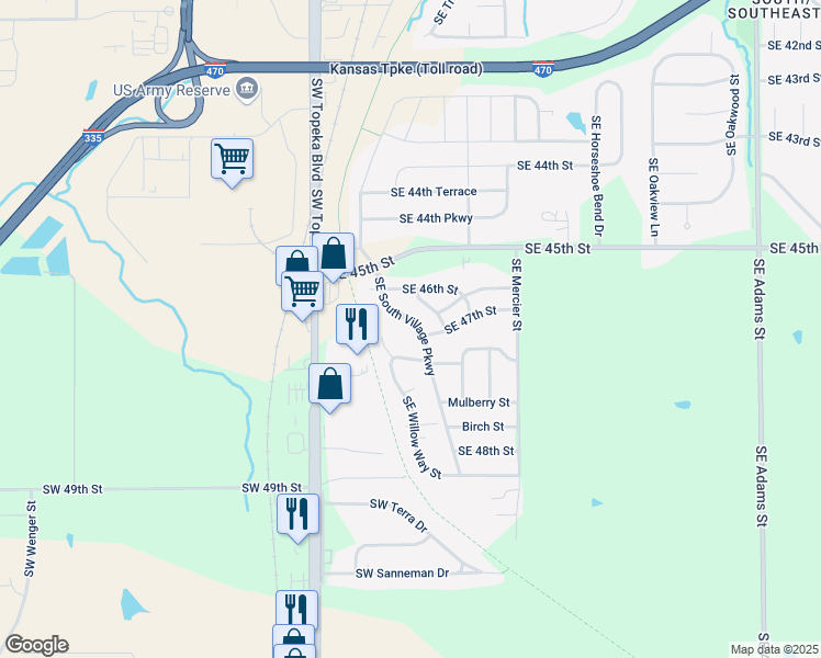 map of restaurants, bars, coffee shops, grocery stores, and more near 4637 Southeast South Village Parkway in Topeka