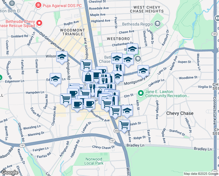 map of restaurants, bars, coffee shops, grocery stores, and more near 4630 Montgomery Avenue in Bethesda
