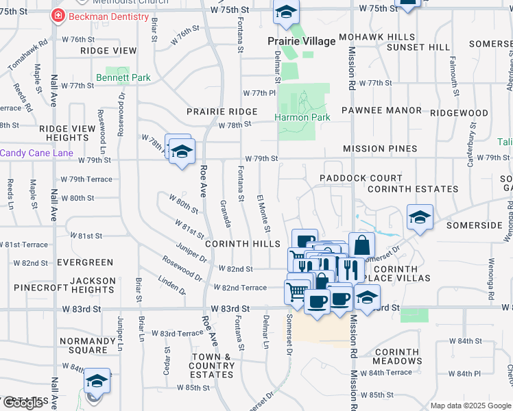 map of restaurants, bars, coffee shops, grocery stores, and more near 8004 El Monte Street in Prairie Village