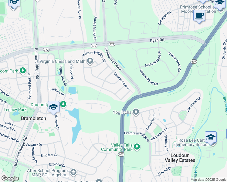 map of restaurants, bars, coffee shops, grocery stores, and more near 22902 North Brown Square in Ashburn