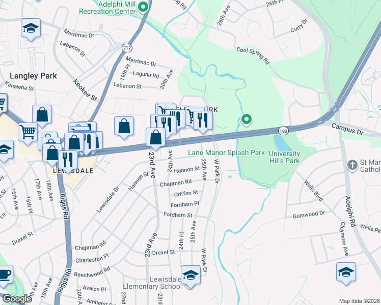map of restaurants, bars, coffee shops, grocery stores, and more near 2414 Lewisdale Drive in Hyattsville