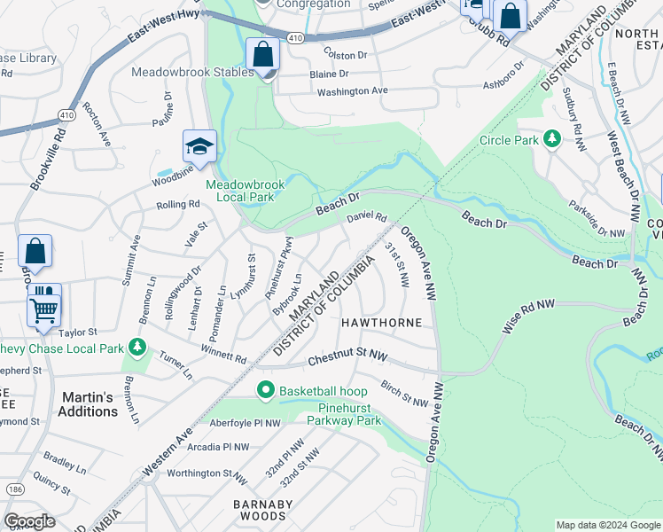 map of restaurants, bars, coffee shops, grocery stores, and more near 7403 Wyndale Lane in Chevy Chase