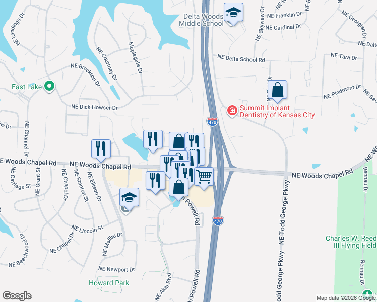 map of restaurants, bars, coffee shops, grocery stores, and more near 821 Northeast Lone Hill Drive in Lee's Summit