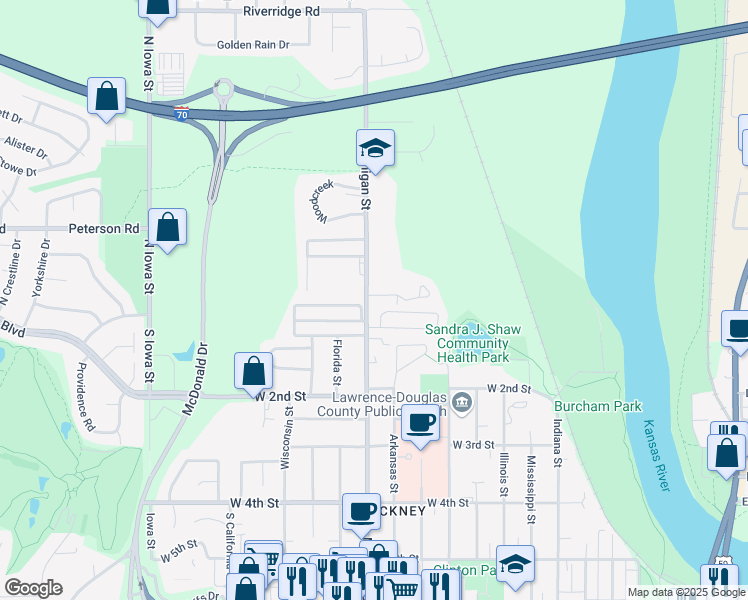map of restaurants, bars, coffee shops, grocery stores, and more near 83 North Michigan Street in Lawrence