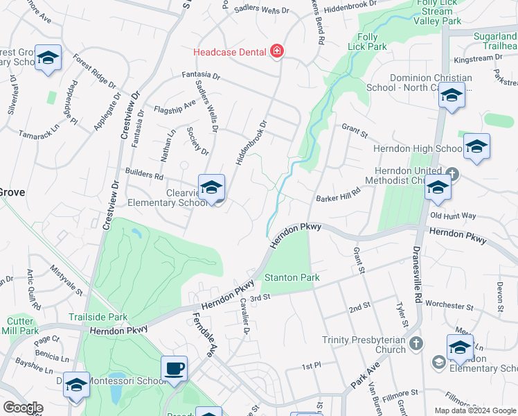 map of restaurants, bars, coffee shops, grocery stores, and more near 1622 Winterwood Place in Herndon