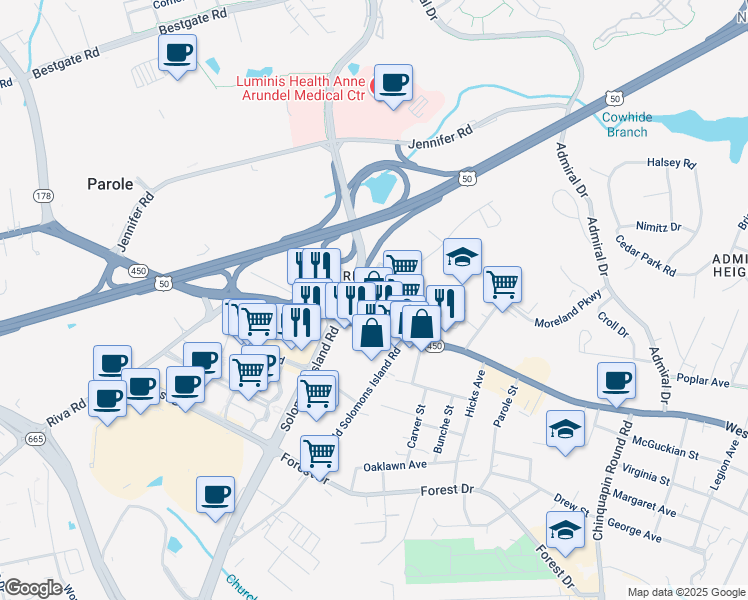 map of restaurants, bars, coffee shops, grocery stores, and more near 2 Willow Street in Annapolis