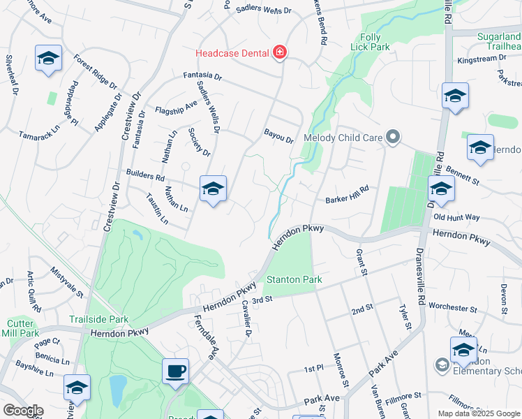 map of restaurants, bars, coffee shops, grocery stores, and more near 1622 Winterwood Place in Herndon